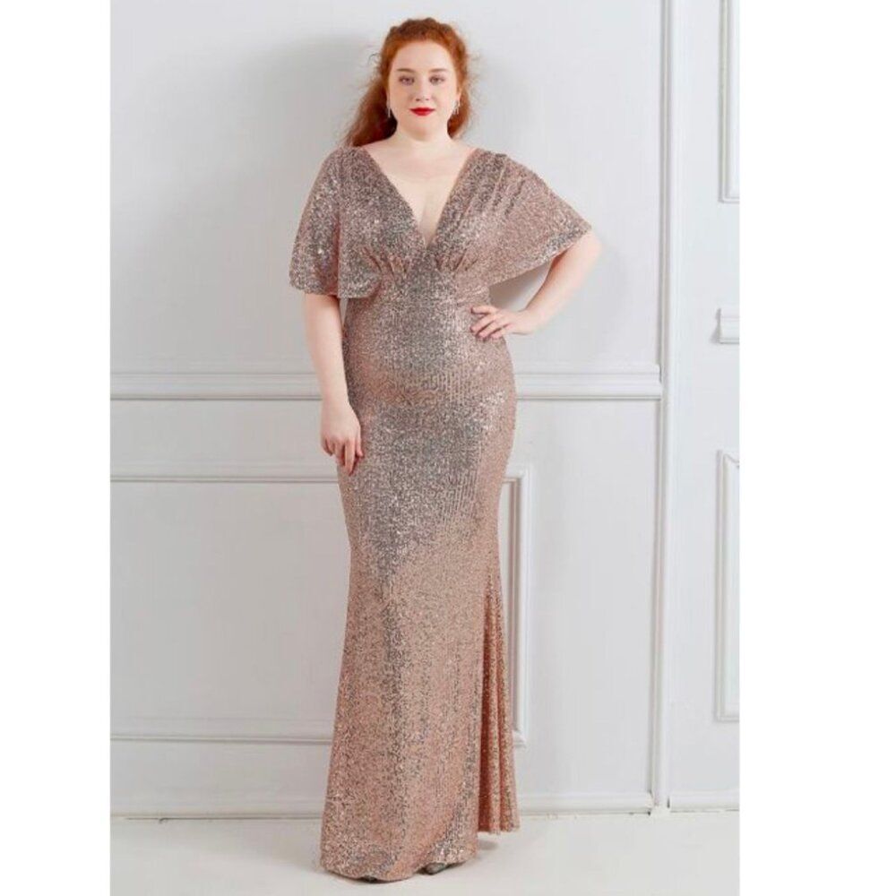 Chicwish | Cape Sleeve Mesh Insert Sequined Gown | Champagne | XXL